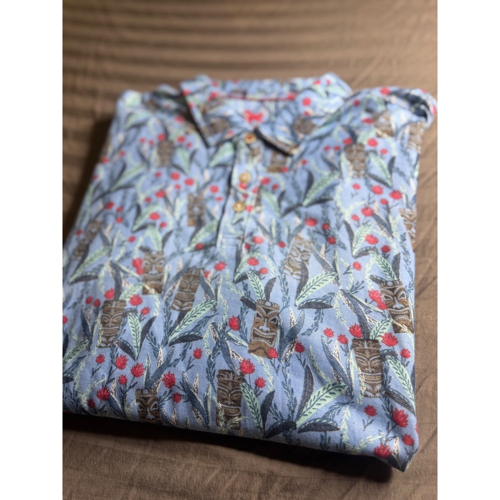 Tommy Bahama Mens XXL Blue Tiki Mask Floral Supima Cotton Blend Polo Shirt